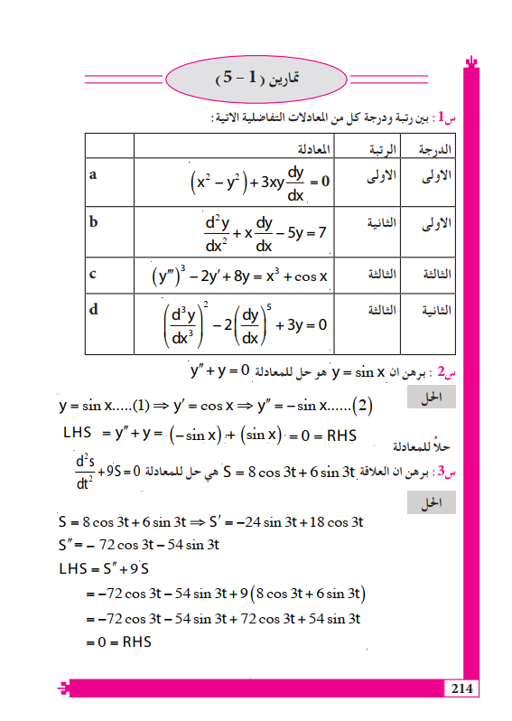 حل اسئلة الفصل الخامس المعادلات التفاضلية رياضيات السادس العلمي – تحميل PDF