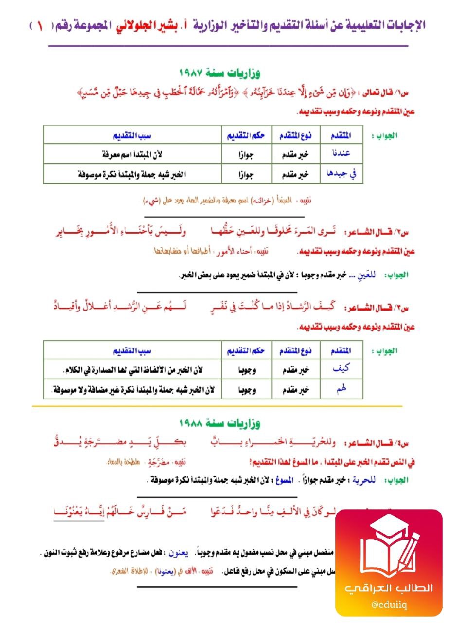 ملزمة بشير الجلولائي وزاريات التقديم والتأخير السادس الاعدادي – تحميل PDF